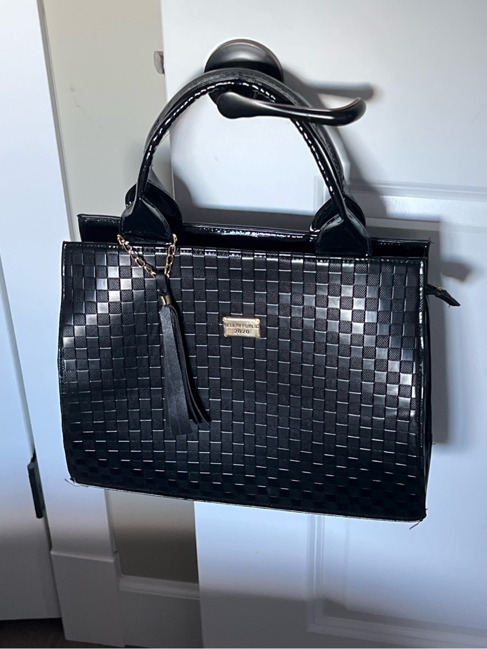 Bell Republic 2020 Black Checkerboard Patent Faux Leather Satchel Handbag